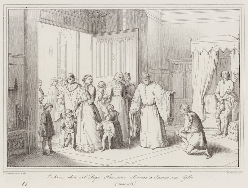 Ostatnie pożegnanie doża Francesco Foscari z synem Jacopo autorstwa Italian School