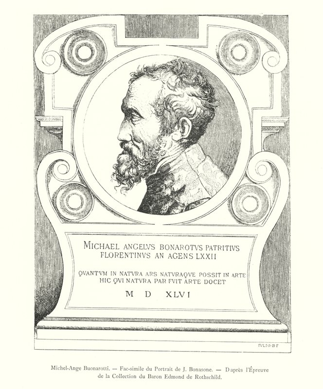 Michel-Ange Buonarotti, Faksymile portretu J Bonasone, według dowodu z kolekcji barona Edmonda de Rothschilda (rycina) autorstwa Italian School