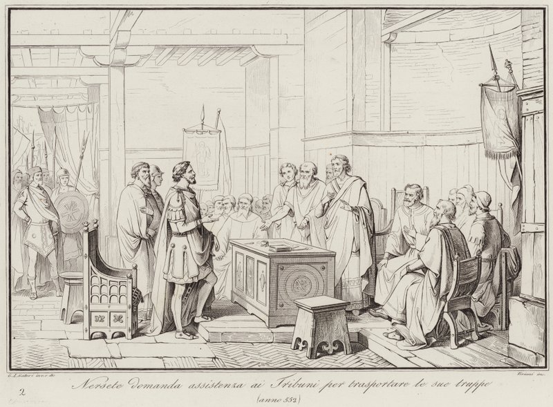 Nersete prosi trybunów o pomoc w transporcie swoich żołnierzy, 552 (rycina) autorstwa Italian School