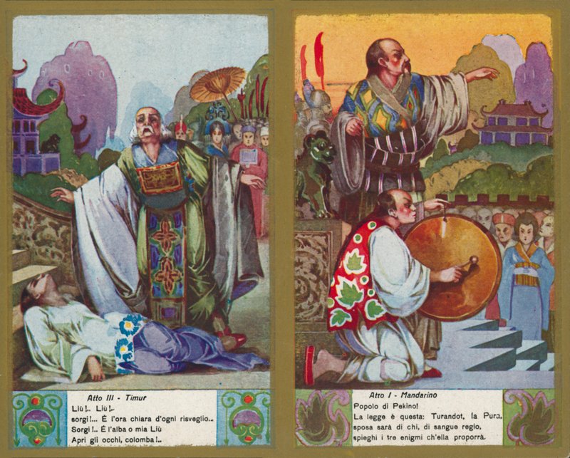 Jedna z ilustracji do opery Turandot Pucciniego (kolorowa litografia) autorstwa Italian School