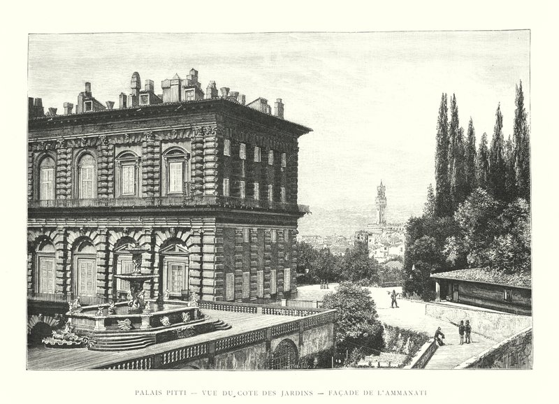 Pałac Pitti, Widok od strony ogrodów, Fasada Ammanati (rycina) autorstwa Italian School