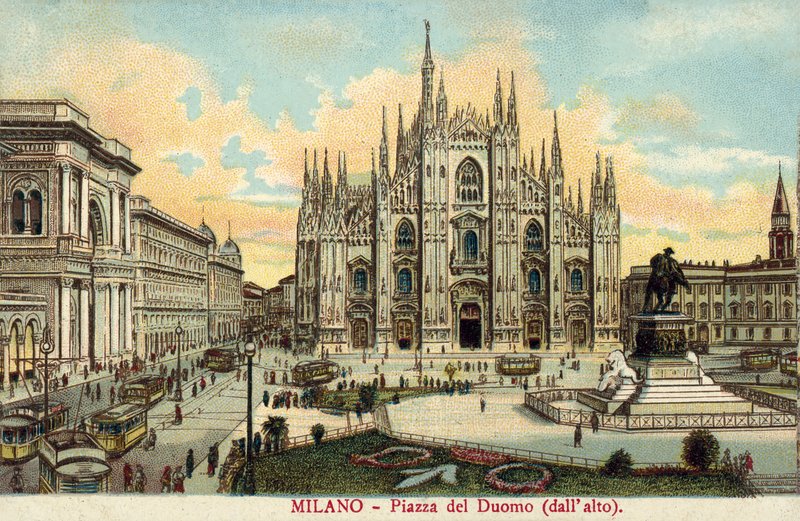 Piazza del Duomo, Mediolan (kolorowa litografia) autorstwa Italian School