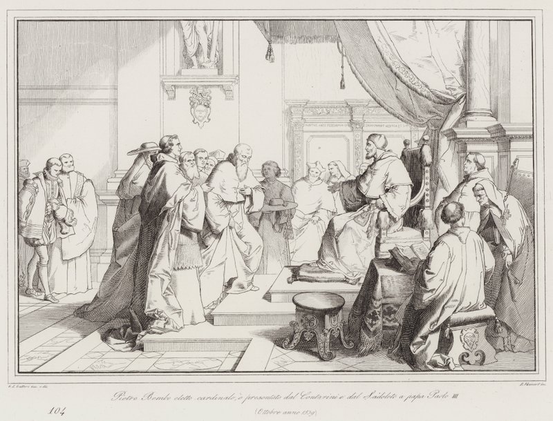 Pietro Bembo wybrany na kardynała i podarowany przez Contariniego i Sadoleto papieżowi Pawłowi III autorstwa Italian School