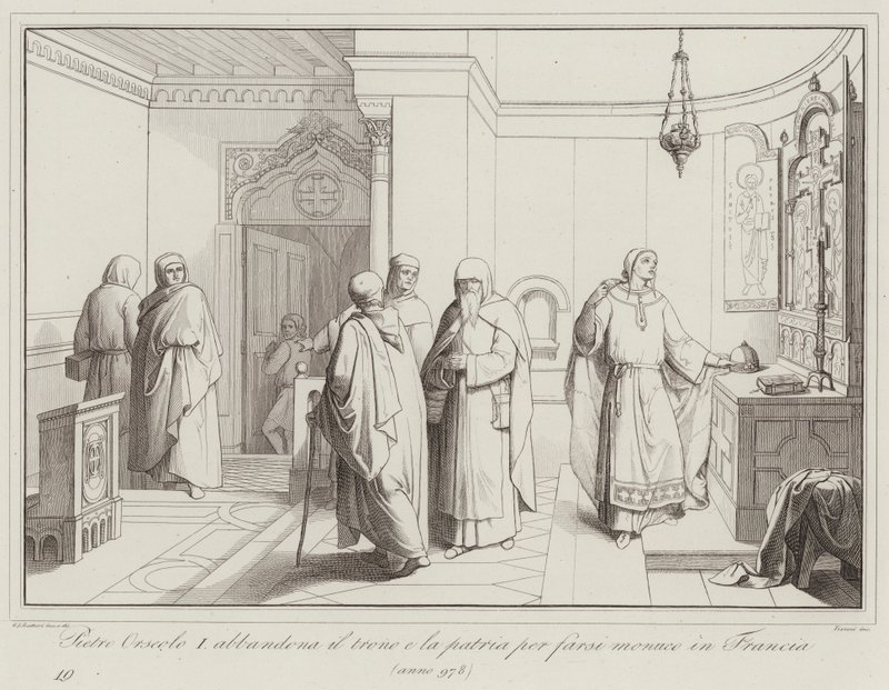 Pietro Orseolo I porzuca tron ​​i ojczyznę, aby zostać mnichem we Francji, 978 (rycina) autorstwa Italian School