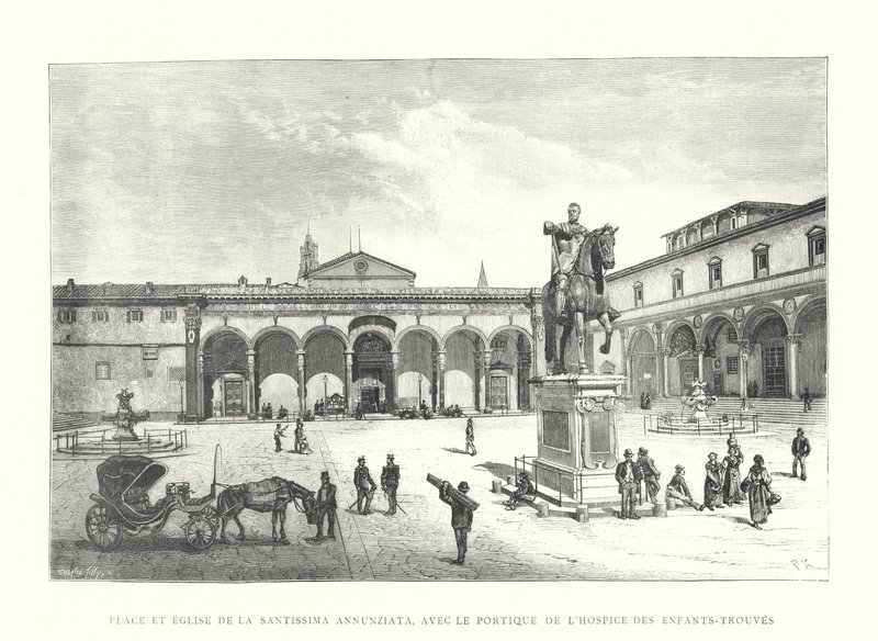 Plac i kościół Santissima Annunziata, z portykiem Hospice des Enfants-Trouves (rycina) autorstwa Italian School