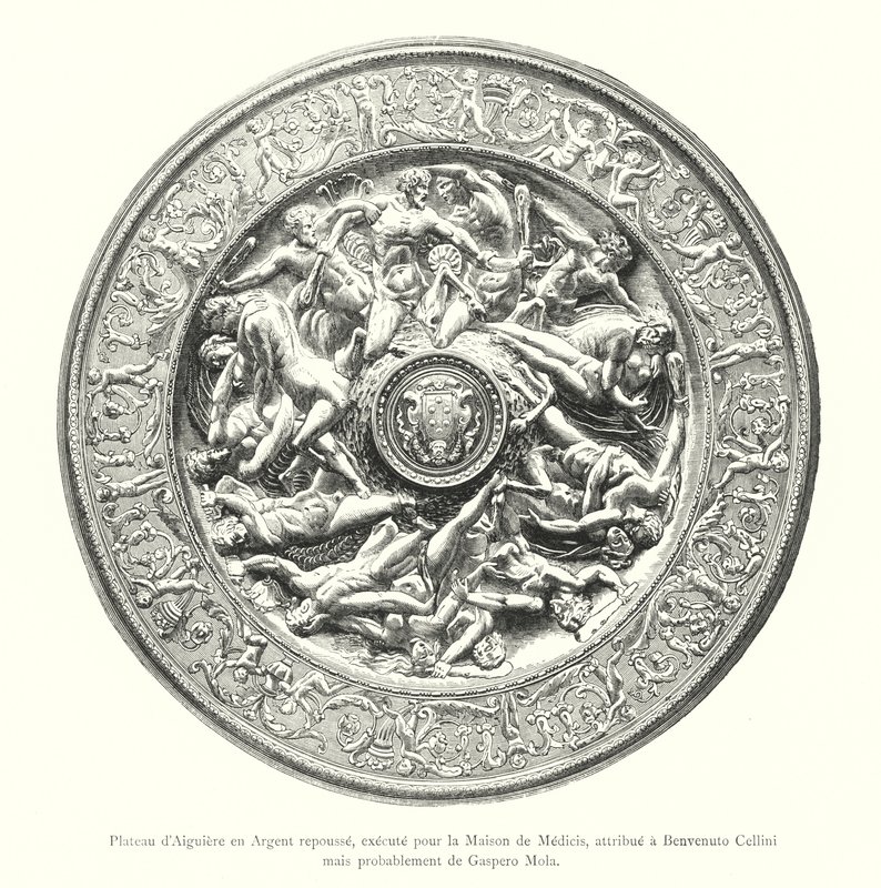 Taca garnkowa z odpychanego srebra, wykonana dla Domu Medyceuszy, przypisywana Benvenuto Cellini, ale prawdopodobnie Gaspero Mola (rycina) autorstwa Italian School