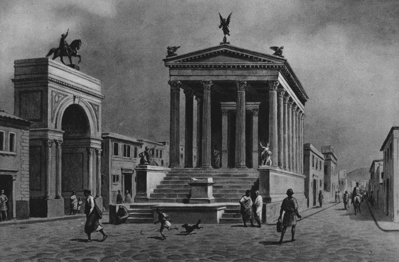 Pompeje: świątynia i droga fortuny (litografia) autorstwa Italian School