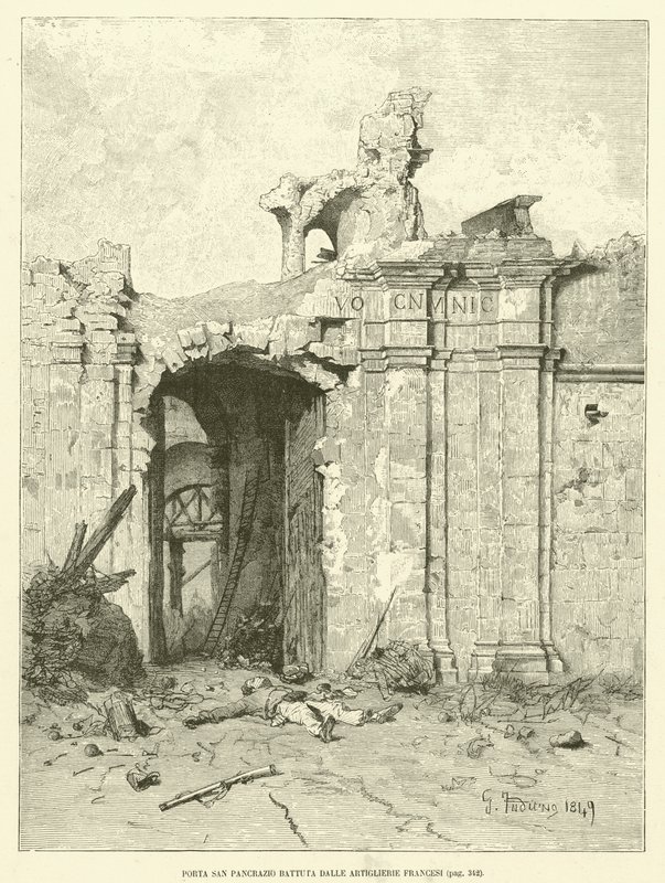 Porta San Pancrazio pobity przez francuską artylerię (rycina) autorstwa Italian School