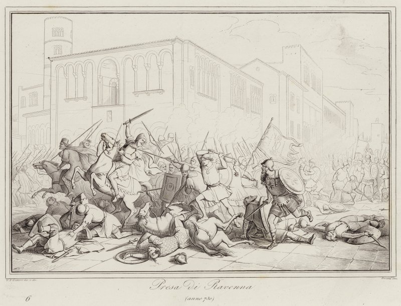 Zabranie Rawenny, 730 (rycina) autorstwa Italian School