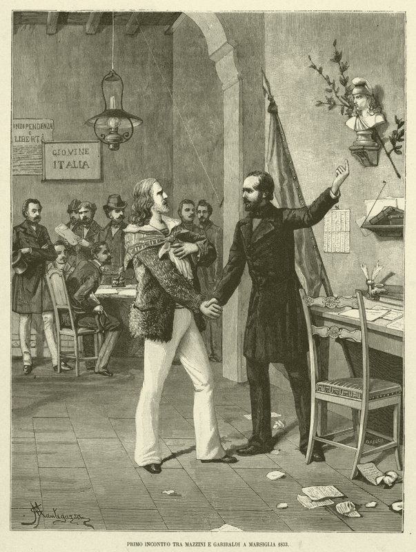 Pierwsze spotkanie Mazziniego i Garibaldiego w Marsylii 1833 (rytowanie) autorstwa Italian School