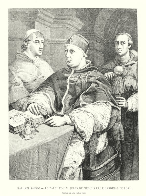 Raphael Sanzio, Le Pape Leon X, Jules de Medici i Cardinal de Rossi, Collection du Palais Pitti (grafika) autorstwa Italian School