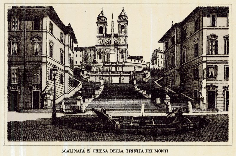 Rzym: Klatka schodowa i kościół Trinita Dei Monti (lito) autorstwa Italian School