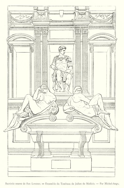 Nowa Zakrystia San Lorenzo, Zespół Grobu Giuliano de Medici, autorstwa Michała Anioła (rycina) autorstwa Italian School