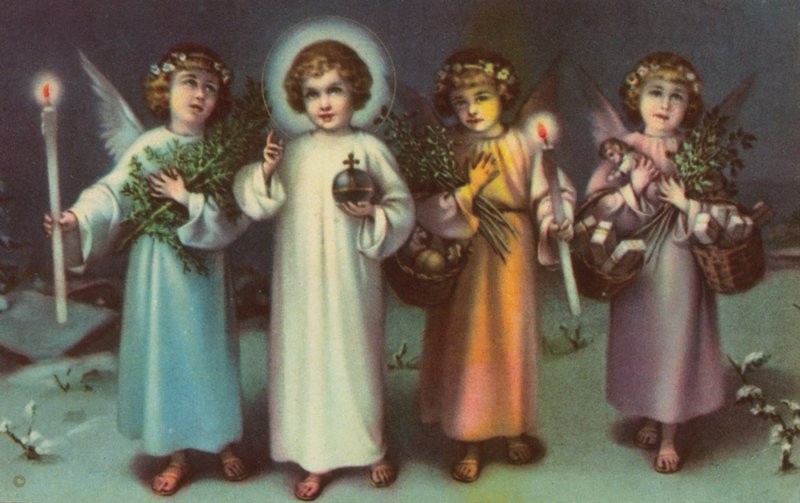 Święty i anioły (kolorowa litografia) autorstwa Italian School