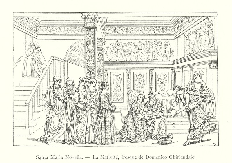 Santa Maria Novella, La Nativite, fresk Domenico Ghirlandaio (rycina) autorstwa Italian School