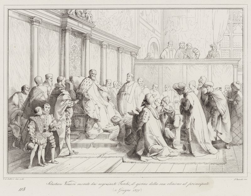Sebastiano Veniero uhonorowany przez tureckich sklepikarzy w dniu wyboru do księstwa autorstwa Italian School