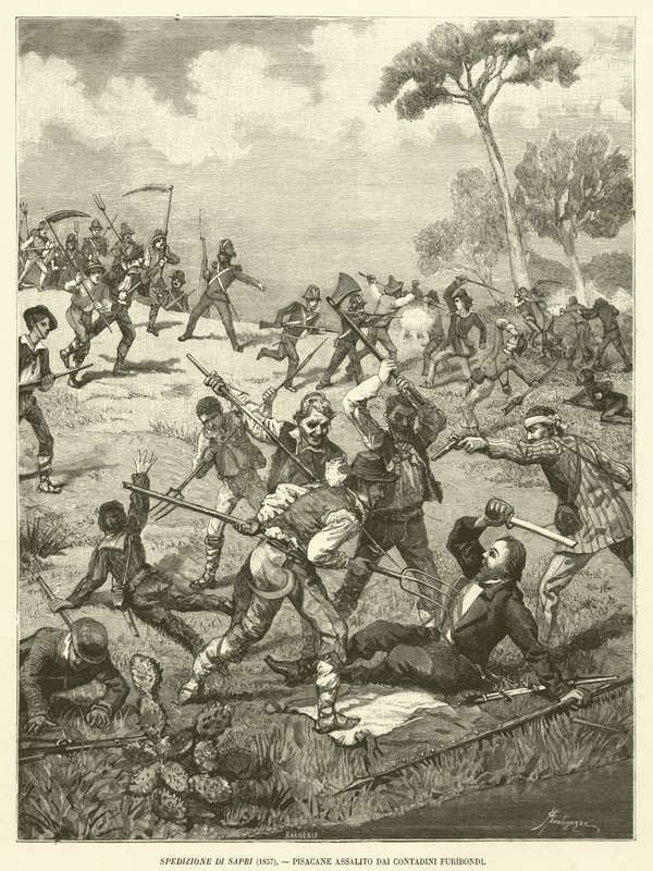 Wyprawa Sapri (1857), Pisacane napadnięty przez wściekłych chłopów (rycina) autorstwa Italian School