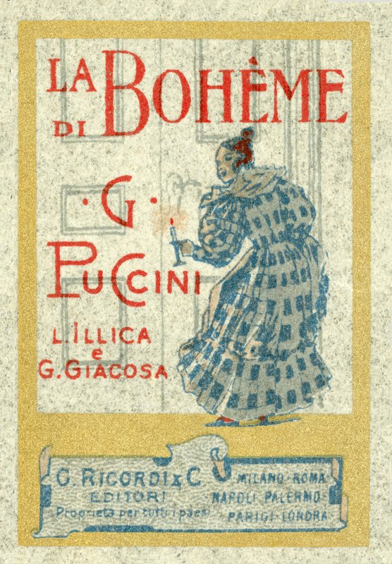 Reklama wielkości znaczka dla Giacomo Puccinis La Boheme, po raz pierwszy wystawiona w 1896 r. autorstwa Italian School