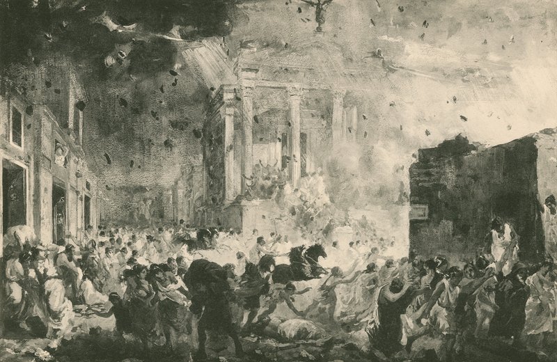 Zniszczenie Pompejów przed Świątynią Fortuny (grawiura) autorstwa Italian School