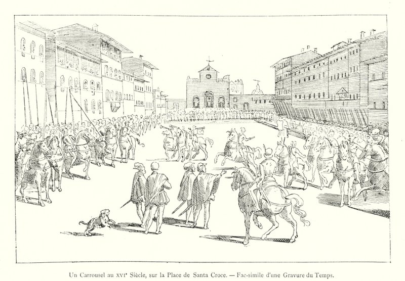 Karuzela w XVI wieku, na Plaza de Santa Croce, Faksymile ryciny z czasów (grafika) autorstwa Italian School