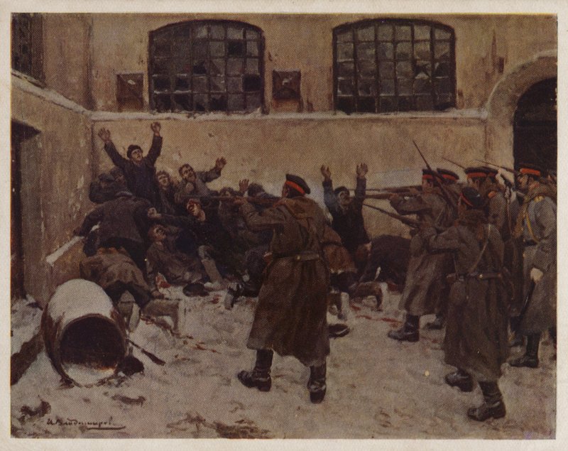 Rosyjscy żołnierze strzelający do demonstrantów w moskiewskiej dzielnicy Presnya podczas rewolucji 1905 r. (litografia kolorowa) autorstwa Ivan Alexeyevich (after) Vladimirov