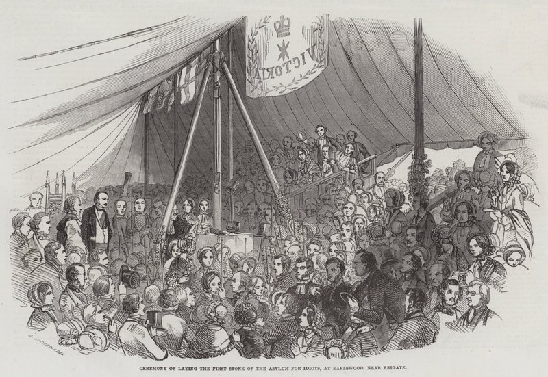 Ceremonia położenia pierwszego kamienia azylu dla idiotów w Earlswood, niedaleko Reigate autorstwa J. Jackson