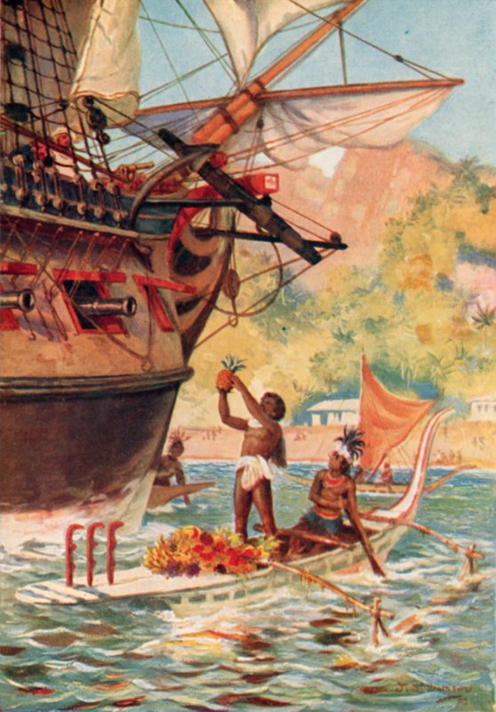 Markizy z wyspiarzy wymieniają owoce z ekspedycją Captain Cooks autorstwa J. Williamson