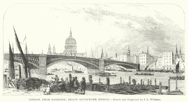 Londyn, od strony Bankside, poniżej mostu Southwark (rycina) autorstwa J.L. (after) Williams