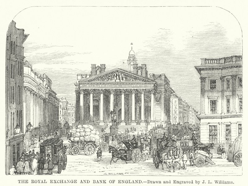 Royal Exchange i Bank of England (grawerowanie) autorstwa J.L. (after) Williams