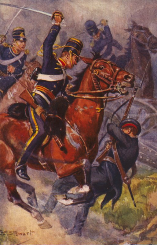 Brytyjscy żołnierze 4 Hussars (Light Brigade), w bitwie pod kominiarką, wojna krymska autorstwa J. A. Stewart
