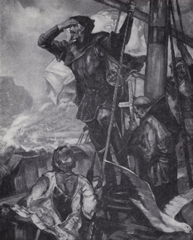 Portugalski odkrywca Vasco da Gama podczas podróży do Indii podczas obserwacji Przylądka Dobrej Nadziei autorstwa J. H. Amschewitz