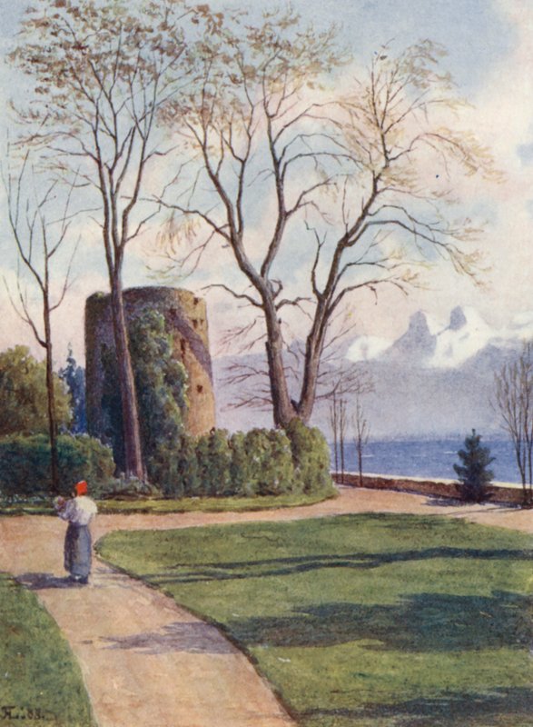 Wieża Haldimand, Quchy, Lozanna (kolorowa litografia) autorstwa J. Hardwicke Lewis
