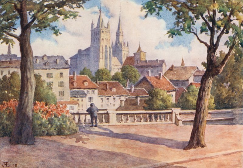 Katedra w Lozannie z Montbenon (kolorowa litografia) autorstwa J. Hardwicke Lewis