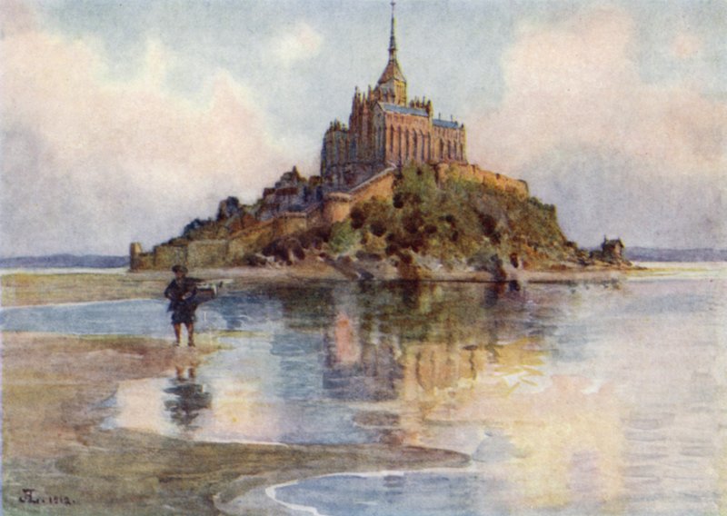 Mont St Michel z Tombelaine, Wieczór (kolor lito) autorstwa J. Hardwicke Lewis