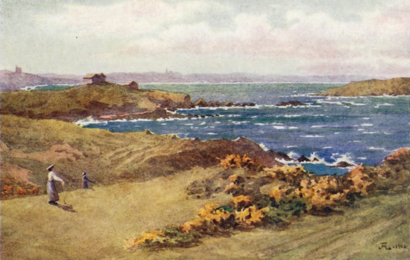 Pola golfowe między St Lunaire i St Briac, St Cast in the Distance (kolor lito) autorstwa J. Hardwicke Lewis