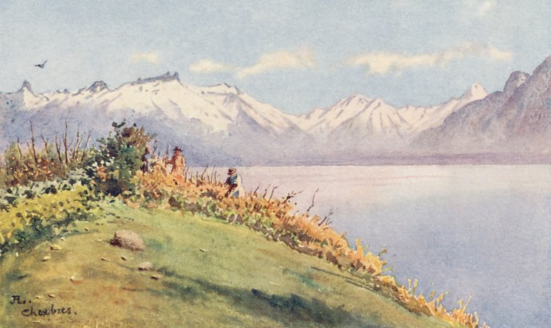 Dolina Rodanu z Chexbres (kolorowa litografia) autorstwa J. Hardwicke Lewis