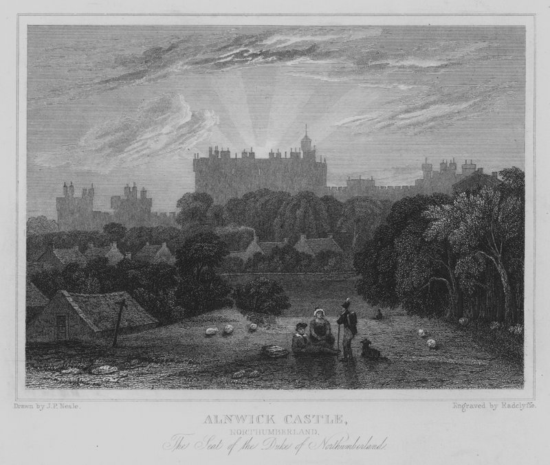 Zamek Alnwick, Northumberland, siedziba księcia Northumberland (rycina) autorstwa John Preston Neale