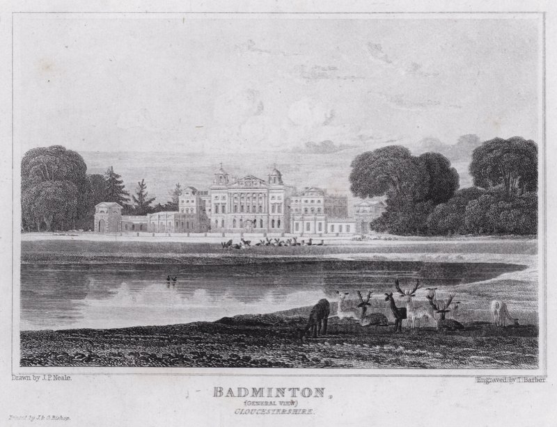Badminton, Widok ogólny, Gloucestershire (grawerowanie) autorstwa John Preston Neale
