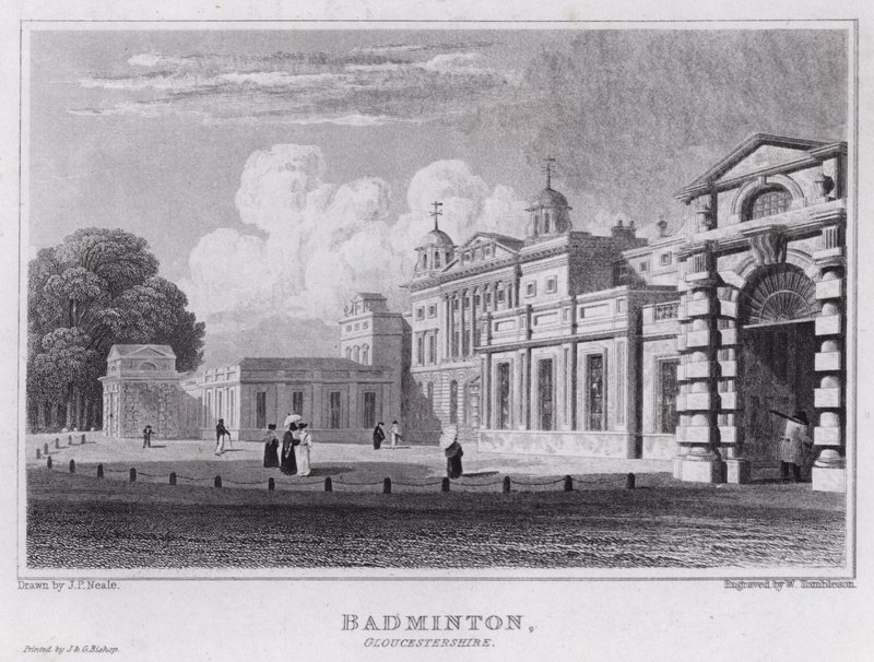 Badminton, Gloucestershire (grawerowanie) autorstwa John Preston Neale
