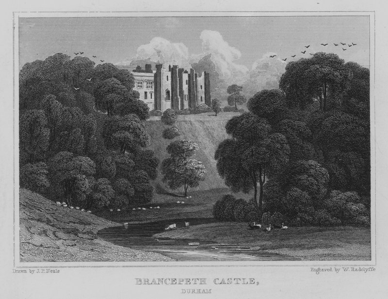 Zamek Brancepeth, Durham (grawerowanie) autorstwa John Preston Neale