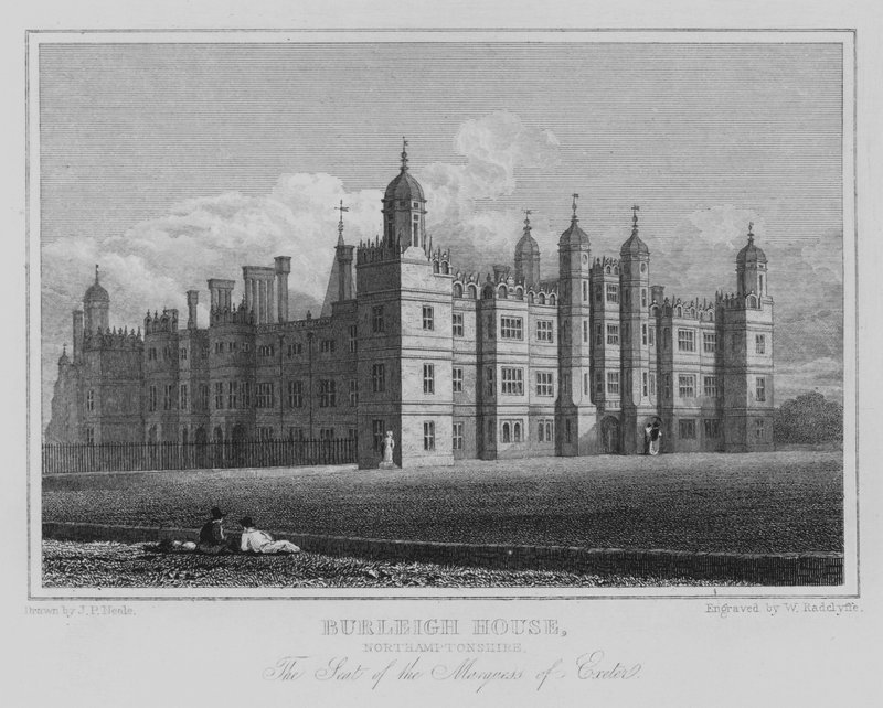 Burleigh House, Northamptonshire, siedziba markiza Exeter (grawerowanie) autorstwa John Preston Neale