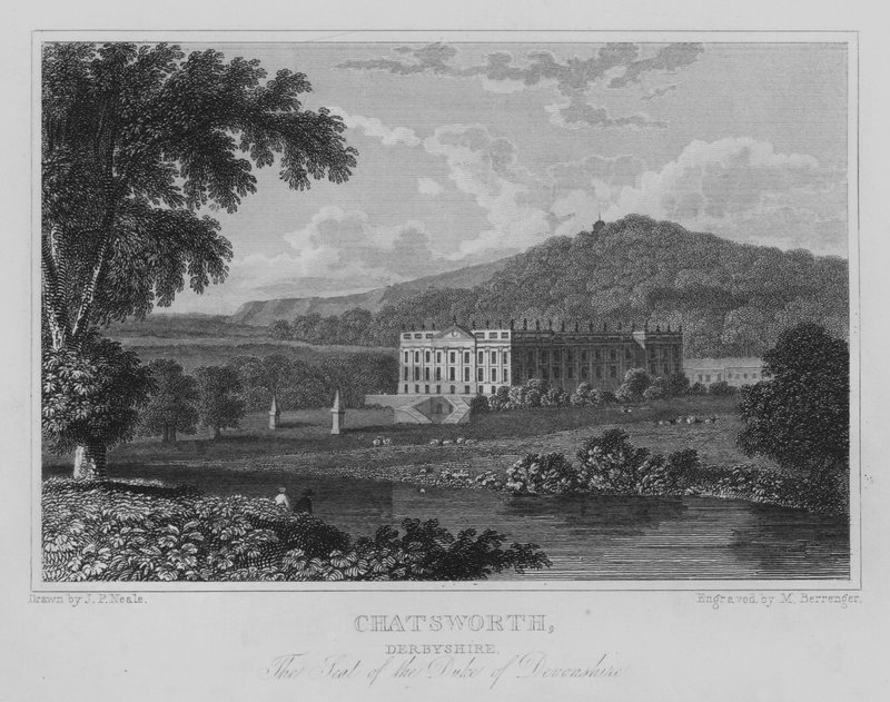 Chatsworth, Derbyshire, siedziba księcia Devonshire (grawerowanie) autorstwa John Preston Neale