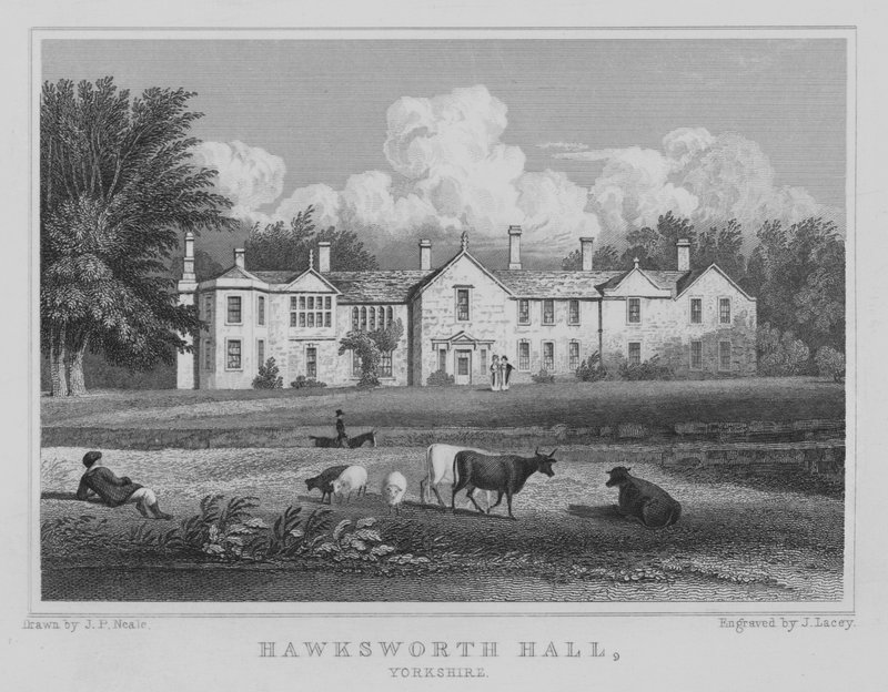 Hawksworth Hall, Yorkshire (grawerowanie) autorstwa John Preston Neale