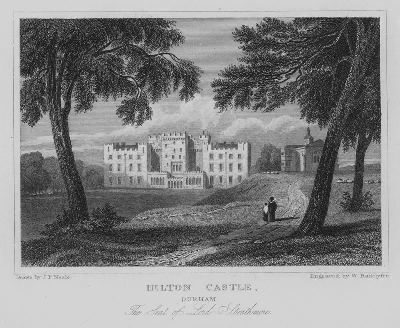 Hilton Castle, Durham, Siedziba Lorda Strathmore (grawerowanie) autorstwa John Preston Neale