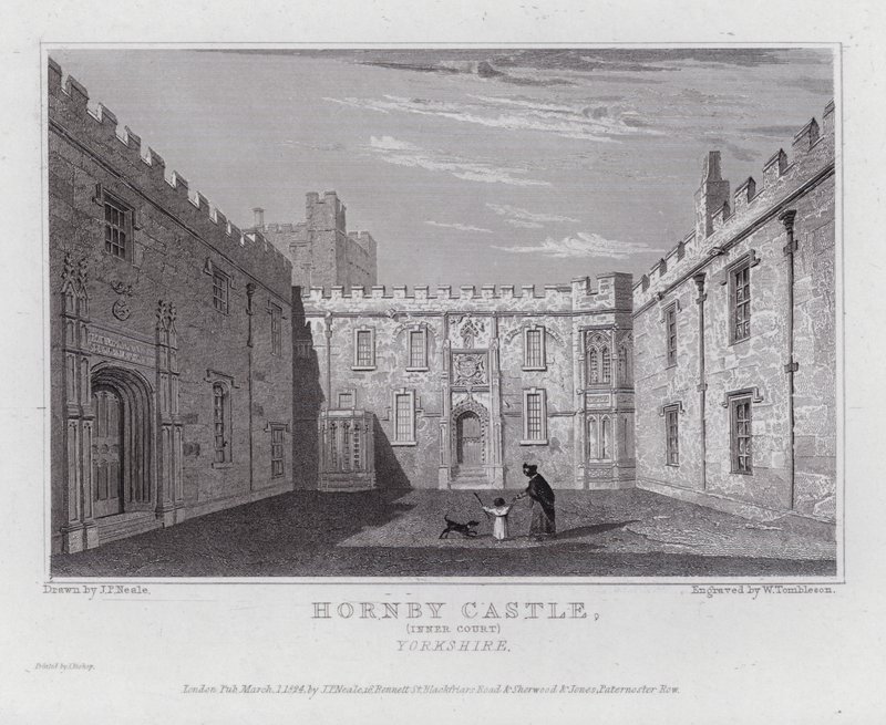 Zamek Hornby, dziedziniec wewnętrzny, Yorkshire (grawerowanie) autorstwa John Preston Neale
