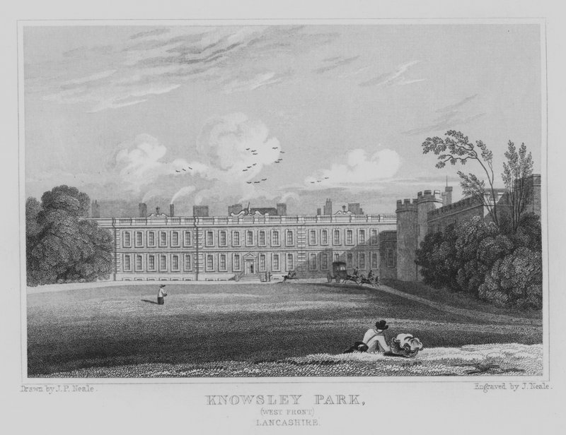 Knowsley Park, West Front, Lancashire (grawerowanie) autorstwa John Preston Neale
