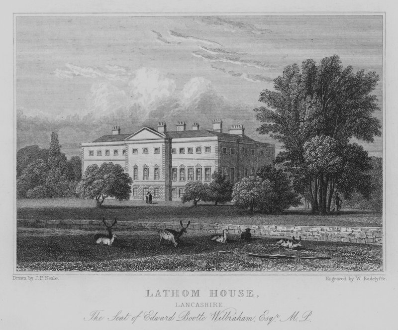 Lathom House, Lancashire, siedziba Edwarda Boolte Wilbrahama, Esquire, MP (grawerowanie) autorstwa John Preston Neale