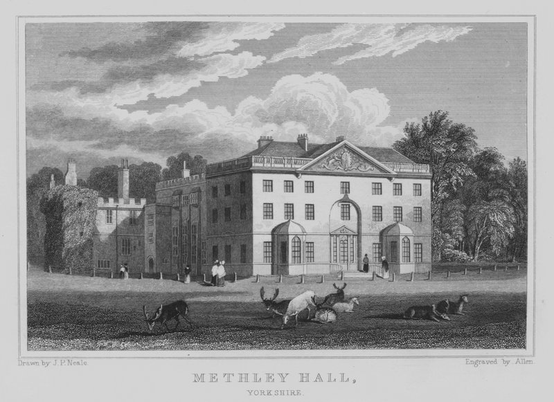 Methley Hall, Yorkshire (grawerowanie) autorstwa John Preston Neale