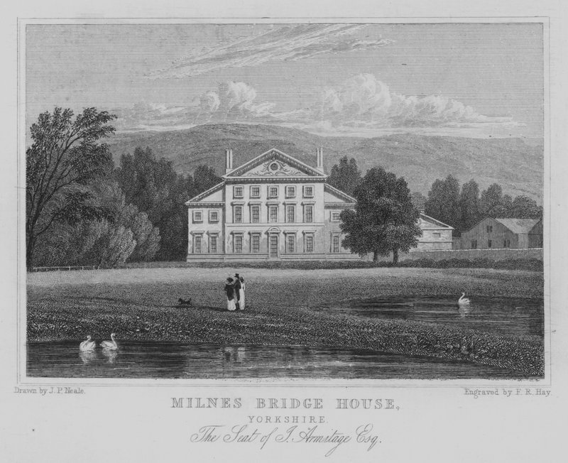 Milnes Bridge House, Yorkshire, Siedziba J Armitage, Esquire (grawerowanie) autorstwa John Preston Neale