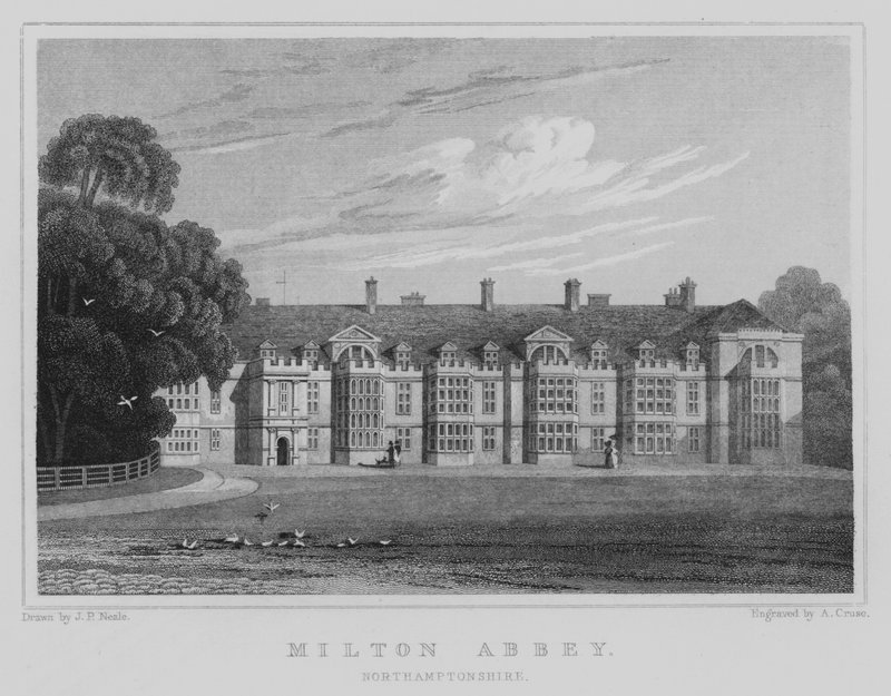 Opactwo Milton, Northamptonshire (grawerowanie) autorstwa John Preston Neale